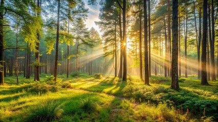 Fototapeta premium Serene landscape with the morning sun shining through the forest , morning, sun rays, bright, vibrant, nature, landscape