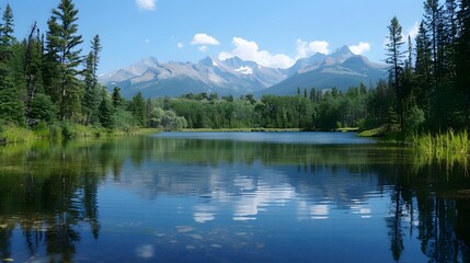 Tranquil lake with crystal-clear water reflecting surrounding trees and mountains, providing a calming and peaceful scene. 