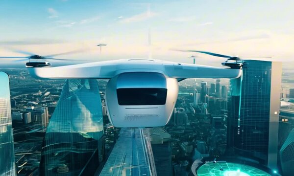 futuristic roto passenger drone flying in the sky over city for future air transportation and robotaxi concept