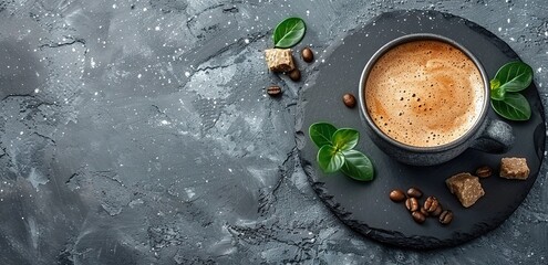A cup of cappuccino on a black circle board with several pieces of palm sugar and coffee beans around it on a concrete structure background