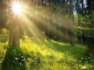 Obraz premium Sunlight streams through tall trees in a forest clearing, illuminating the green grass and wildflowers