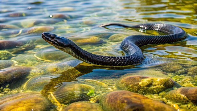 Black snake slithering through clear water, wildlife, reptile, serpent, poisonous, dangerous, nature, aquatic, predator, scales