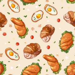 Seamless pattern of croissants, bread, egg toasts. Delicious breakfast food on a beige background.