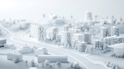 Mini city model, white building, The buildings and roads on white background, 3d rendering
