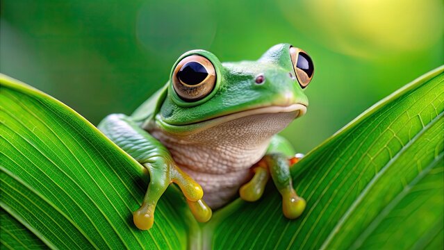 Green tree frog with bulging eyes blending into a leaf , camouflage, nature, wildlife, animal, tree frog, green, eyes - Powered by Adobe