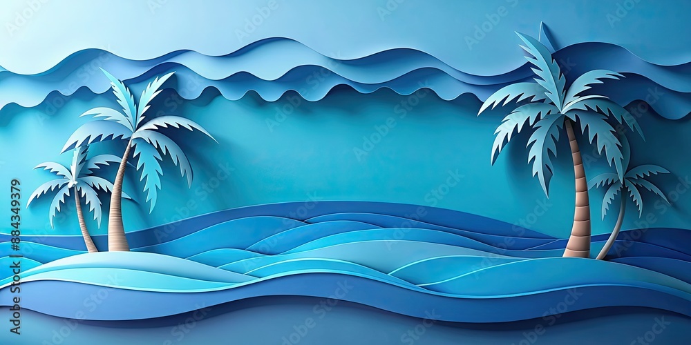 Canvas Prints Blue paper cut artwork of a serene tropical landscape with a palm tree , palm tree, blue, paper art, tropical, landscape, serene