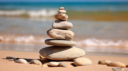 Stones pyramid on the sandy beach on a sunny day.
