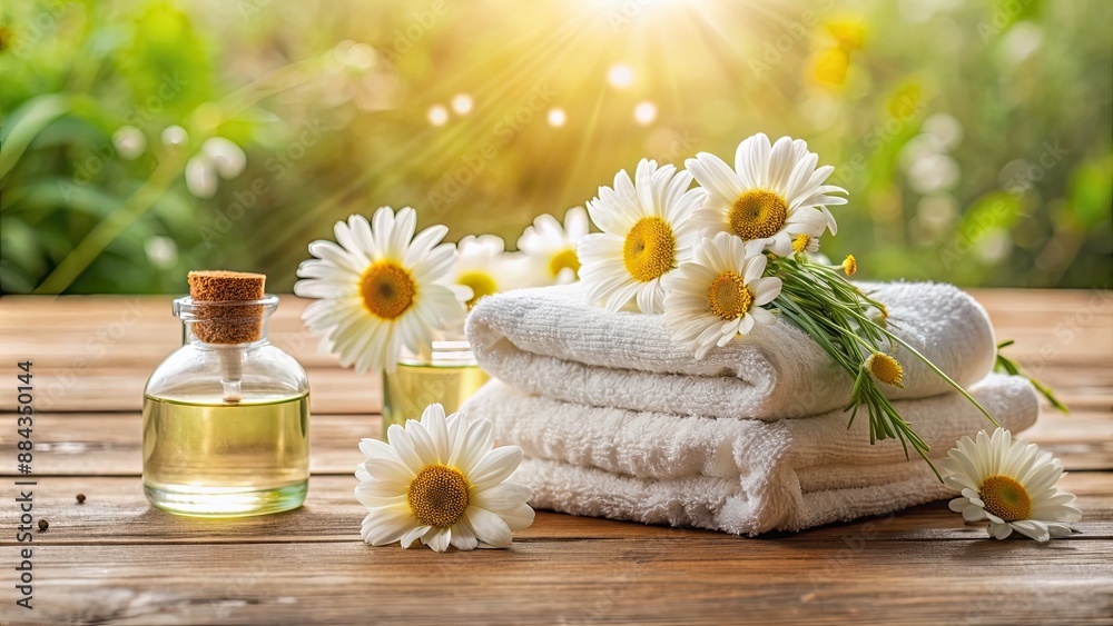 Poster Relaxing spa arrangement with stacked towels, essential oils, and daisies , spa, relaxation, towels