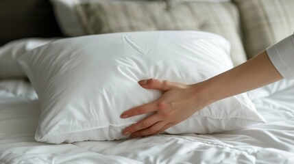 Serene Touch - Gentle Hand Caressing a Plush Pillow for Comfort and Relaxation