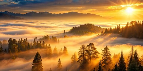 Obraz premium Sunrise in the mountains with mist-covered trees and golden fog , Sunrise, mountains, mist, trees, golden, sunlight, beauty