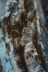 Termite colony working together to destroy a piece of wood.