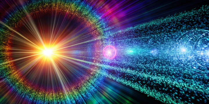 A trail of particles in an abstract background, with a lens flare effect and a cool color temperature, isolated on solid white background