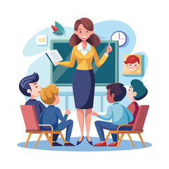 Woman teacher concept professor giving a lesson in a classroom. School or college workers