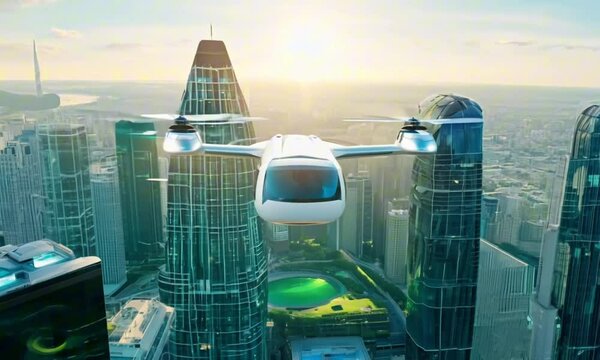 futuristic roto passenger drone flying in the sky over city for future air transportation and robotaxi concept