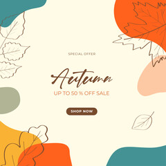 Autumn sale banner with discounts on a beige background with colored spots and leaves hand drawn with one line outline. Flat doodle style. Vector illustration.