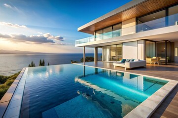 Obraz premium A large house with a pool and a balcony overlooking the ocean