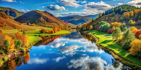 River winding through picturesque hills, mirroring the vibrant hues of the scenery, river, meandering, rolling hills, landscape