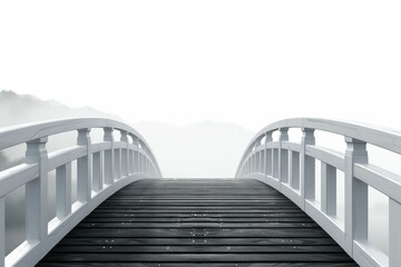 Mysterious and enigmatic misty wooden bridge leading to nowhere. Disappearing into the fogbound and serene landscape