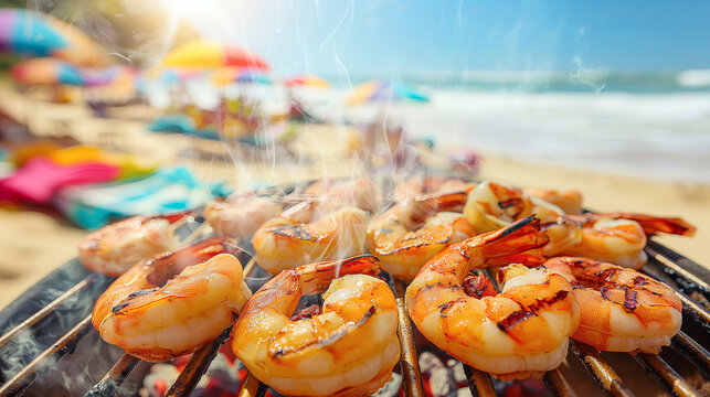 Summer Beach Barbecue Party with Grilled Shrimp on Sunny Day