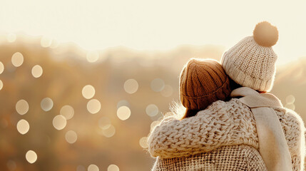 Obraz premium rear view of two people tightly embracing warmly, dressed in autumnal clothing, warm autumn hug