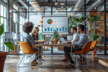 An office staff collaborating on a digital marketing campaign. Modern office setting with natural lighting. Generative AI