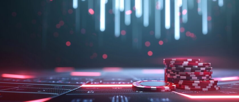 Dynamic advertising campaign for an online poker tournament, featuring a cutting-edge virtual casino setting and cyber-themed graphics