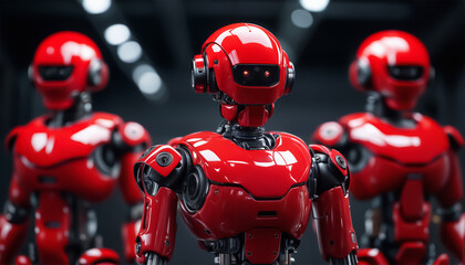 Android robots. Three red robots. Sky-Fi robots in a warehouse.