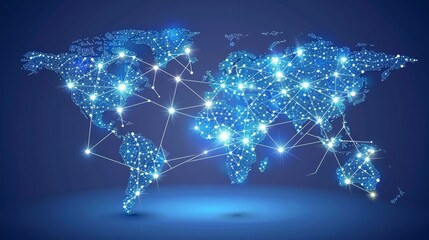 Obraz premium Global Network Connections, Digital World Map with Lines and Nodes. Technology and Communication