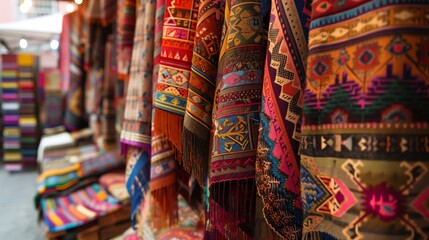 A vibrant textile market bustling with colors, textures, and tales, showcasing cultural heritage and artisanship.
