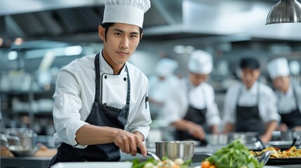 Skilled Asian American Chef Prepares Dish in Busy Restaurant Kitchen