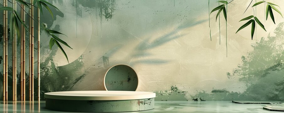 Minimalistic podium display with abstract green background and bamboo elements