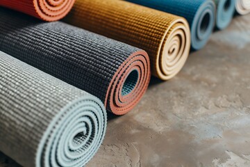 Yoga mats and accessories displayed in a vintage style, captured from a high angle with a centered composition and a grain effect, illuminated by natural light, featuring a warm colors scheme.