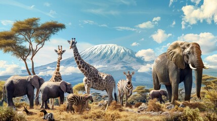 African safari animals in a group with the backdrop of Kilimanjaro Mount