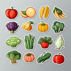 Colorful vegetable stickers for educational materials, marketing, packaging, and product branding.