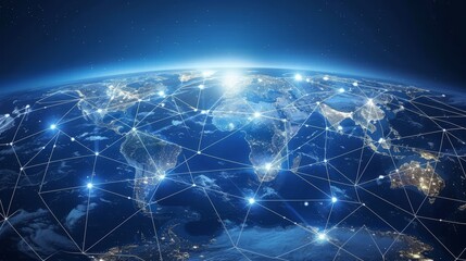 Global Network and Data Exchange, Planet Earth with Light Lines Connection on Galaxy Background