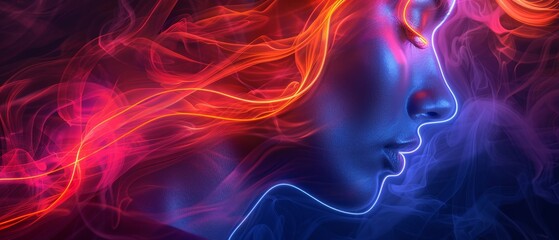 Fototapeta premium Luminous Encounters - Neon Abstract Faces and Figures in Vibrant Lines and Colors