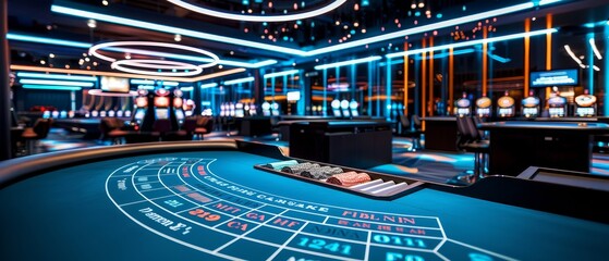 High-tech virtual casino environment, poker tables and interactive ads blending seamlessly, creating an immersive digital experience on the internet