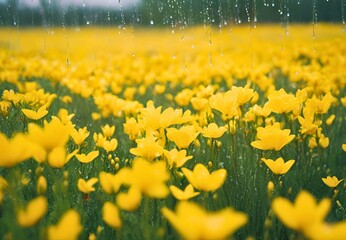 Obraz premium Picture of a field of yellow flowers when it rains Stock photos, templates