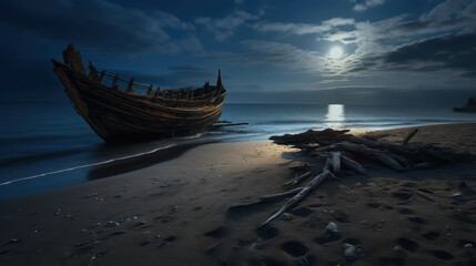 An abandoned, old wooden shipwreck on a moonlit beach with driftwood and a serene ocean under a starry night sky.