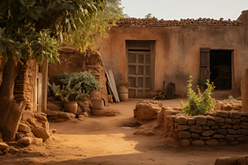 A rustic adobe house with a weathered exterior amidst a dry, dusty landscape surrounded by trees and clay pots.