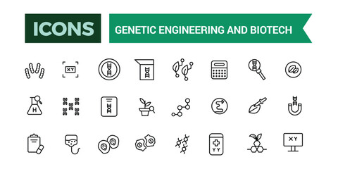 Genetic engineering and biotech icons collection. Outline icons pack. Editable vector line icon set and illustration for web and UI application.