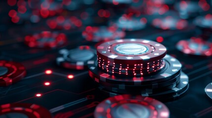 Virtual casino interface, showcasing online poker tables and electronic games, vibrant digital advertising banners promoting the latest tech-driven activities