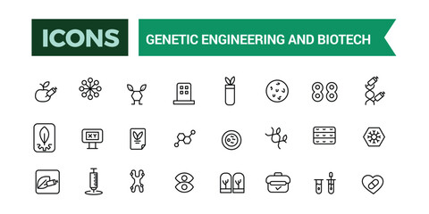 Genetic engineering and biotech icons collection. Outline icons pack. Editable vector line icon set and illustration for web and UI application.