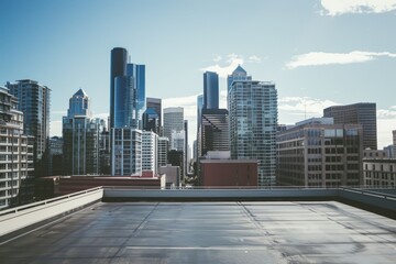 Urban skyline view from parking garage deck overlooking skyscrapers.