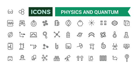 Physics and Quantum icons set. Outline icons pack. Editable vector line icon set and illustration for web and UI application.