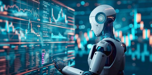 3D rendering of a humanoid robot analyzing a stock market chart with trading charts. Concept of artificial intelligence in financial markets, neon lighting, copy space.