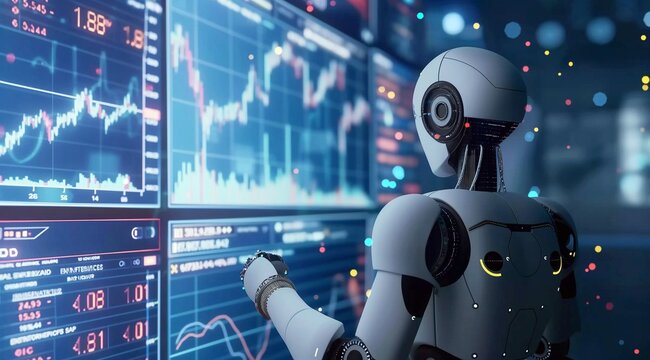 3D rendering of a humanoid robot analyzing a stock market chart with trading charts. Concept of artificial intelligence in financial markets, neon lighting, copy space.