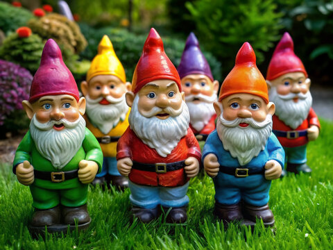 Group of colorful gnomes on green grass