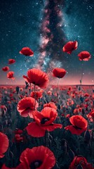 Transient Beauty of Life A Night Sky Filled with Shooting Stars Amidst a Vibrant Field of Poppies