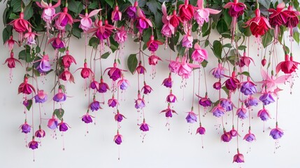 Mesmerizing Display of Pendulous Fuchsia Flowers, Top Section Floral Art on White Canvas, Shades of Pink and Purple Elegance